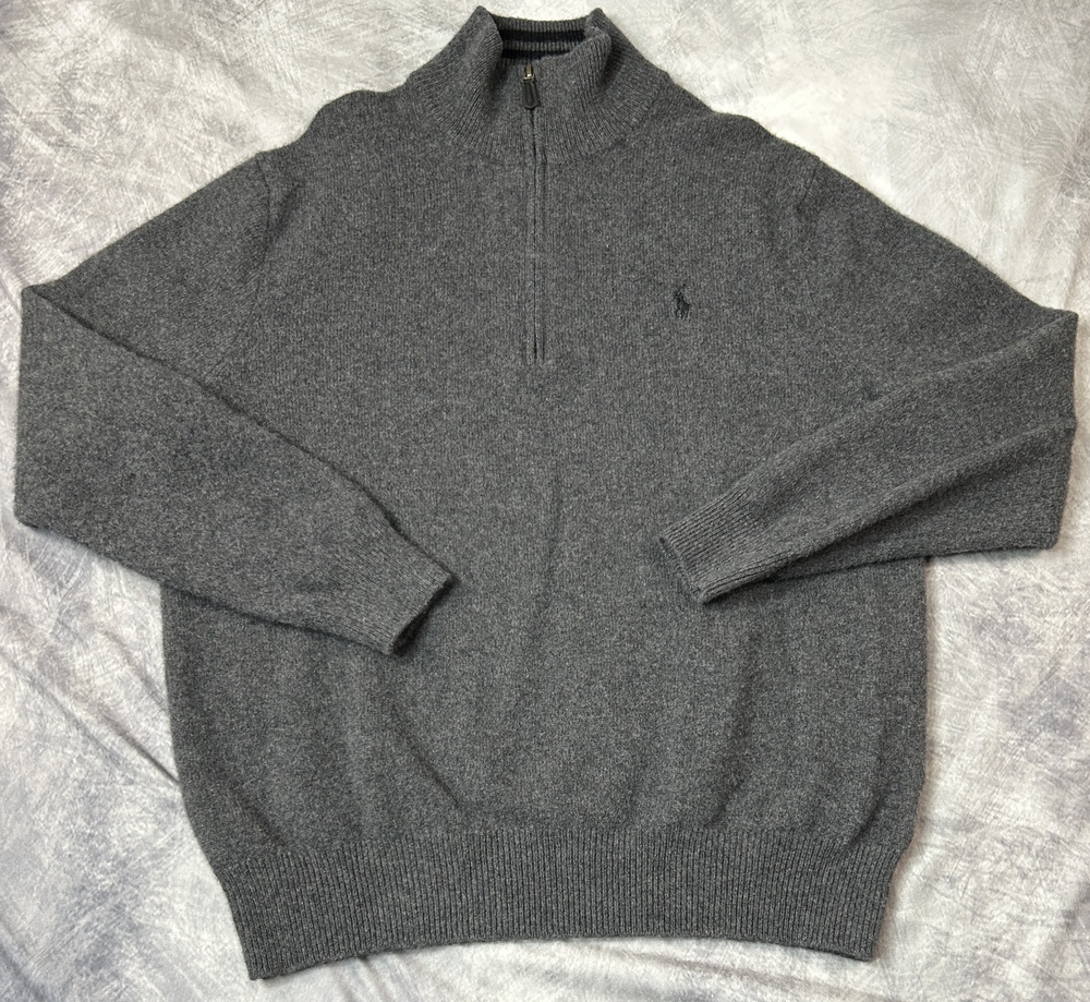 Polo Ralph Lauren Sweater Mens 2XL Gray Wool Cashmere Quarter Zip Mock Neck Knit